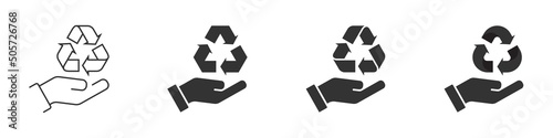 Hand holding recycling symbol. Recycle icon set. Flat vector illustration.