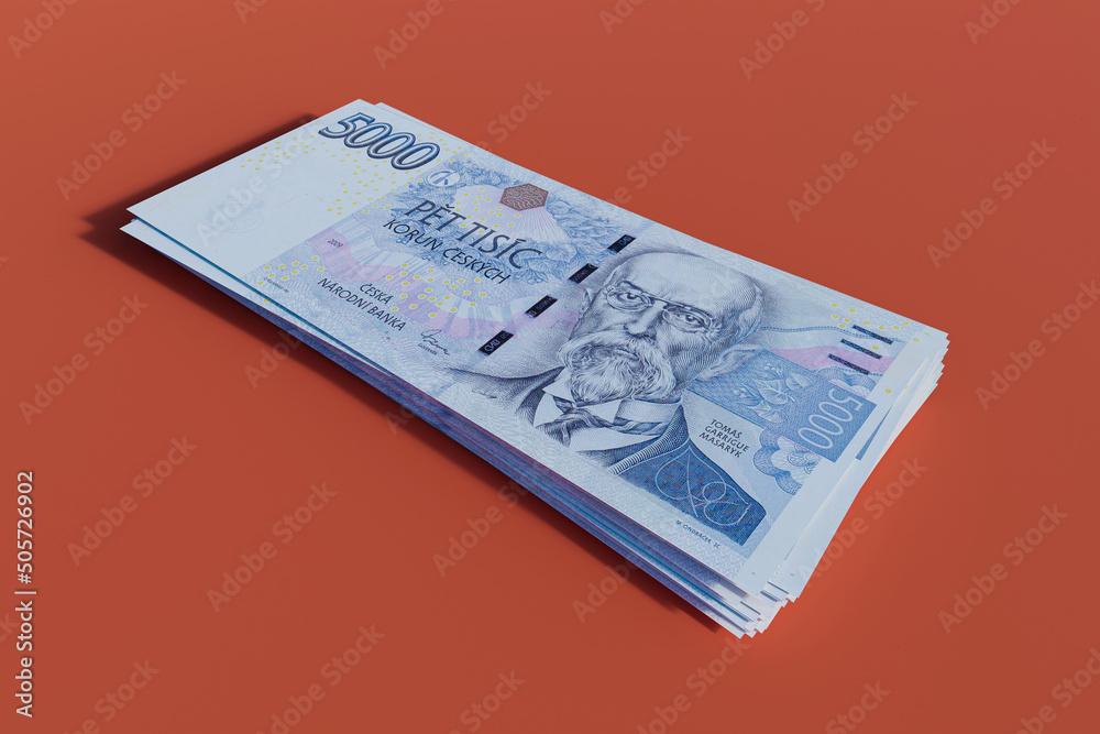 Money of Czech Republic. Czech koruna bills. CZK banknotes. 5000 Kc. Business, finance, news background. 3d illustration. Money of Czech Republic. Czech koruna bills. CZK banknotes. 5000 Kc. Business, finance, news background. 3d illustration.