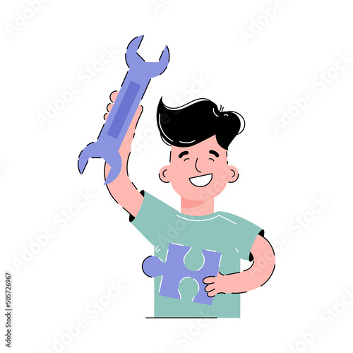 The guy holds a wrench and a puzzle in his hands. Support concept. Isolated on white background. Trendy flat vector style.
