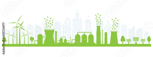 Environmentally friendly production. Green energy with wind energy and solar panels. Silhouette of green city. Think green. Vector illustration.