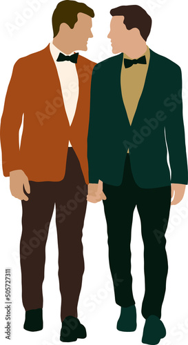 Two gay guys in suits with a full-length bow tie