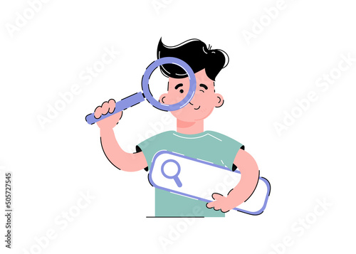 The guy is holding a magnifying glass. Search concept. Isolated on white background. Trendy flat vector