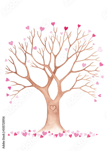 Beautiful tree isolated on white. Pink hearts leaves.