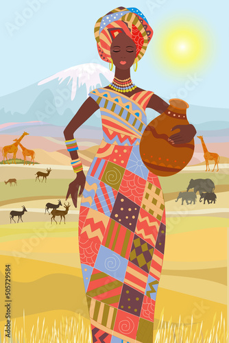 beautiful african woman in in traditional clothes standing, hold