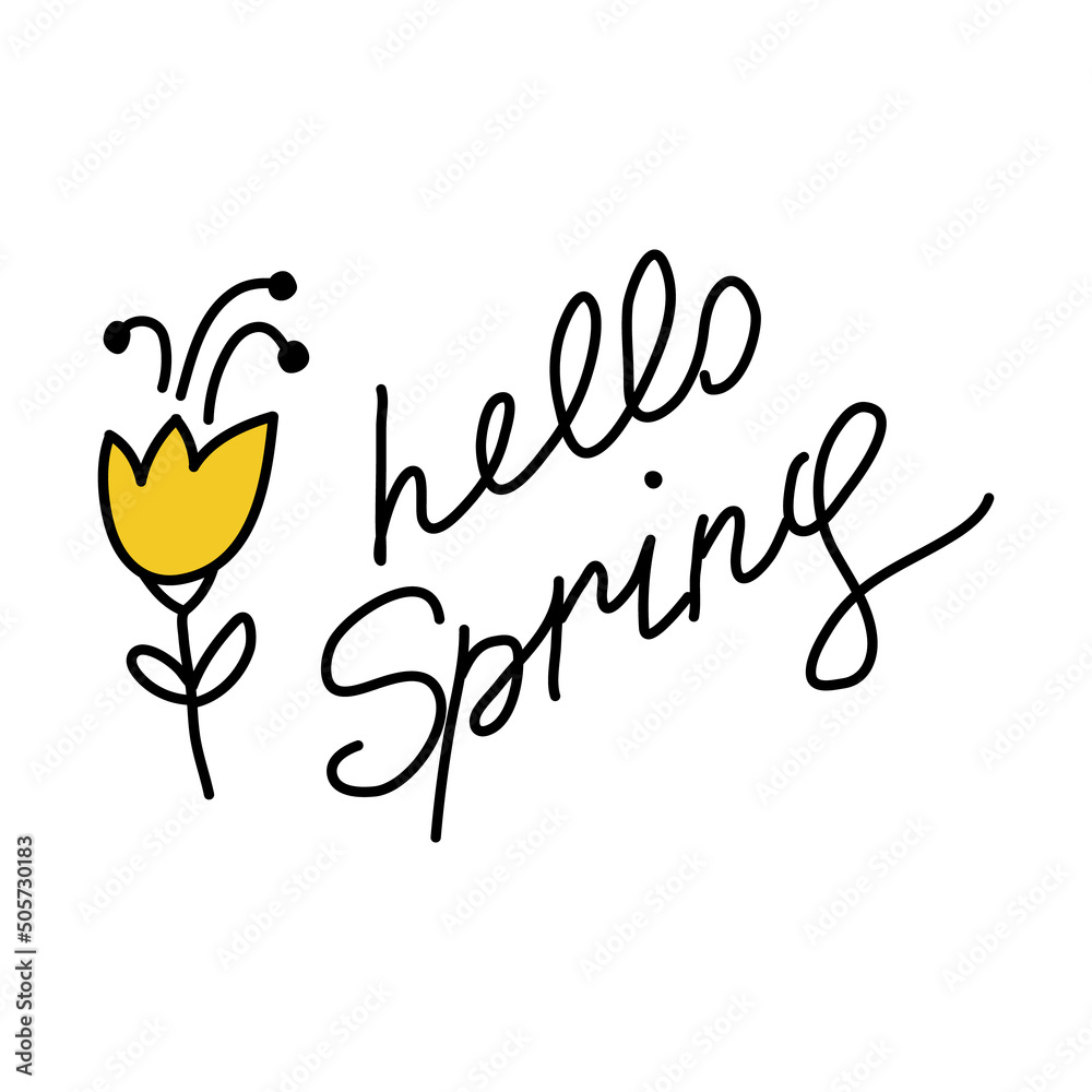 Cute doodle flower tulip. Sloppy lettering with phrase Hello Spring ...