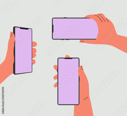 blank for banner, hand holding phone with blank screen, collection of vector flat illustrations