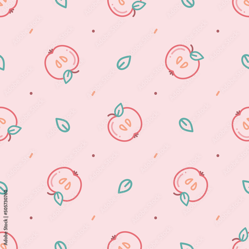 Seamless scandinavian pattern with outline simple minimalistic apple fruit on pink background for prints, wallpapers, mobile concepts and web apps