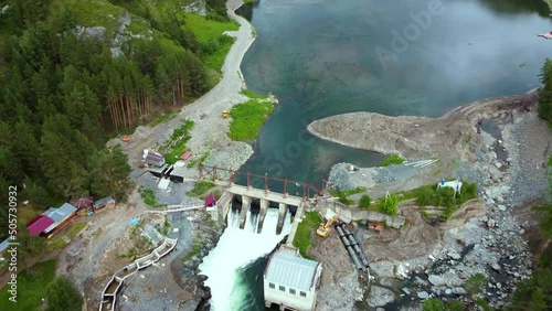 Altai, Russia - 06.21.2021: Panoramic video of the Altai hydroelectric power station on the mountain river Katun.