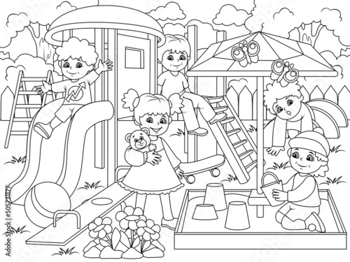 Childrens playground coloring. Vector illustration of black and white.