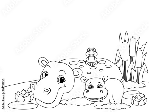 Hippo family. Animals cartoon. Coloring page outline of cartoon. Vector illustration, coloring book for kids.