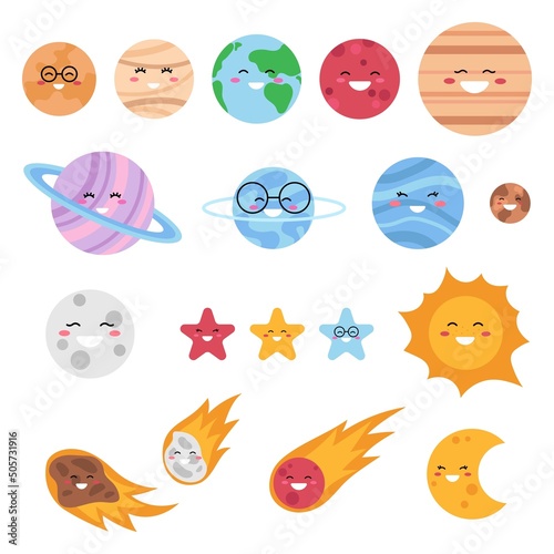 Cute solar system objects isolated on a white background. Kawaii planets, asteroids, comet, stars, sun and moon. Vector illustration for children.