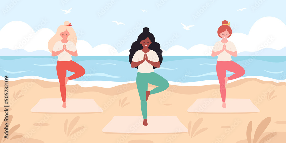 Women doing yoga on the beach. Hello summer, summer leisure, vacation. Healthy lifestyle, self care, yoga, meditation. Hand drawn vector illustration Women doing yoga on the beach. Hello summer, summer leisure, vacation. Healthy lifestyle, self care, yoga, meditation. Hand drawn vector illustration