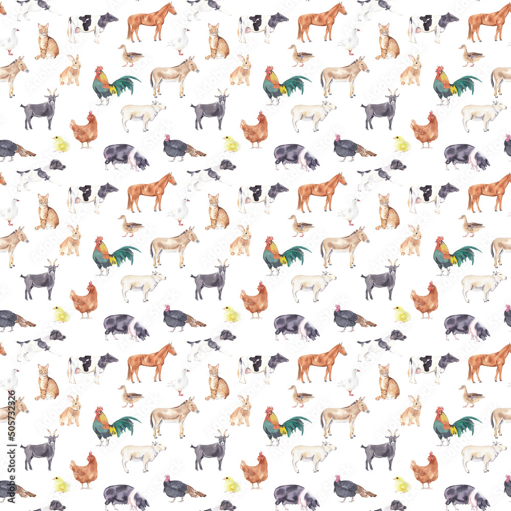 Seamless surface pattern design. Digital paper with watercolor farm animals. Horse,chicken, goat, rooster, dog, cow, rabbit, sheep, duck. Scrapbook, fabric and textile design, surface pattern design.