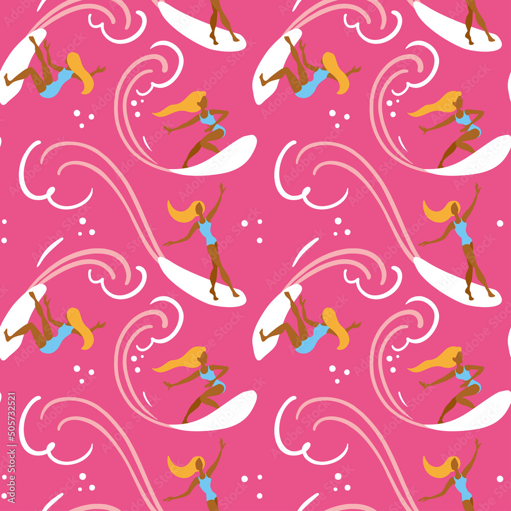The girl surfing on waves in ocean. Summer vacation. Seamless pattern on pink background.