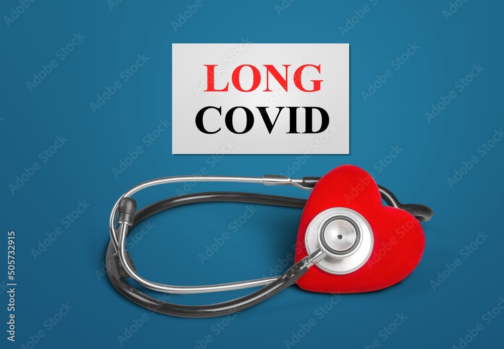 COVID-19 pandemic long covid symbol. White card, heart and stethoscope. - obrazy, fototapety, plakaty 