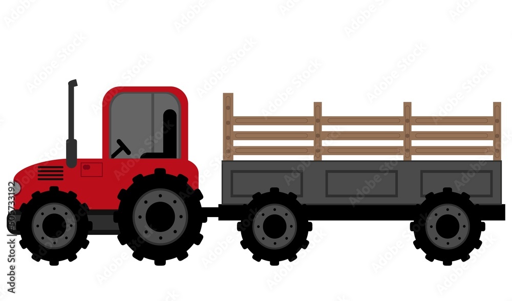 Tractor, red tractor with trailer isolated on white background. Sowing season or Agriculture concept. vector illustration. Tractor, red tractor with trailer isolated on white background. Sowing season or Agriculture concept. vector illustration.