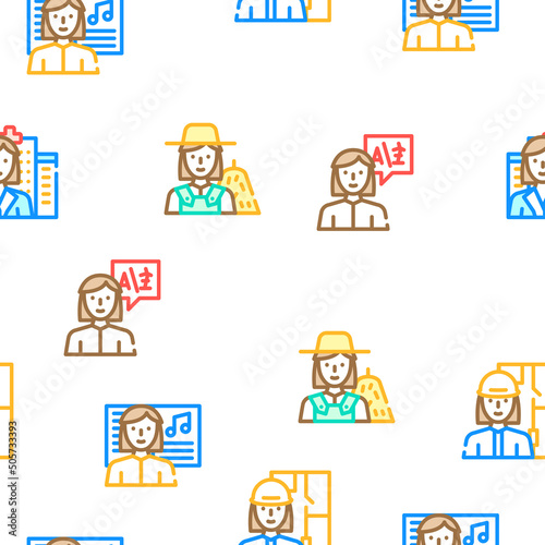 Female Occupation Vector Seamless Pattern Color Line Illustration