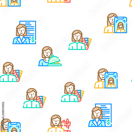 Female Occupation Vector Seamless Pattern Color Line Illustration