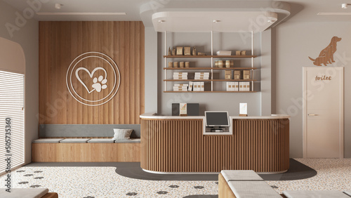 Vet clinic waiting room in white and wooden tones. Reception desk with shelves, sitting area with benches, pillows and carpet. Entrance door and terrazzo tiles. Interior design idea photo