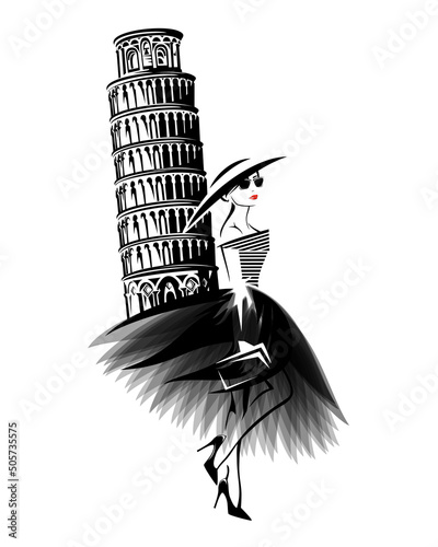 vector portrait of beautiful glamorous italian woman wearing stylish clothes - haute couture dress, fashionable high heels and wide brimmed hat by leaning tower of Pisa