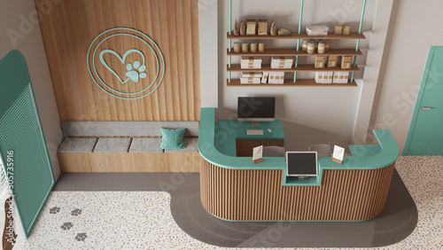 Veterinary clinic waiting room in turquoise and wooden tones. Reception desk, shelves, sitting area with benches,. Entrance door and terrazzo tiles. Interior design, top view, above
