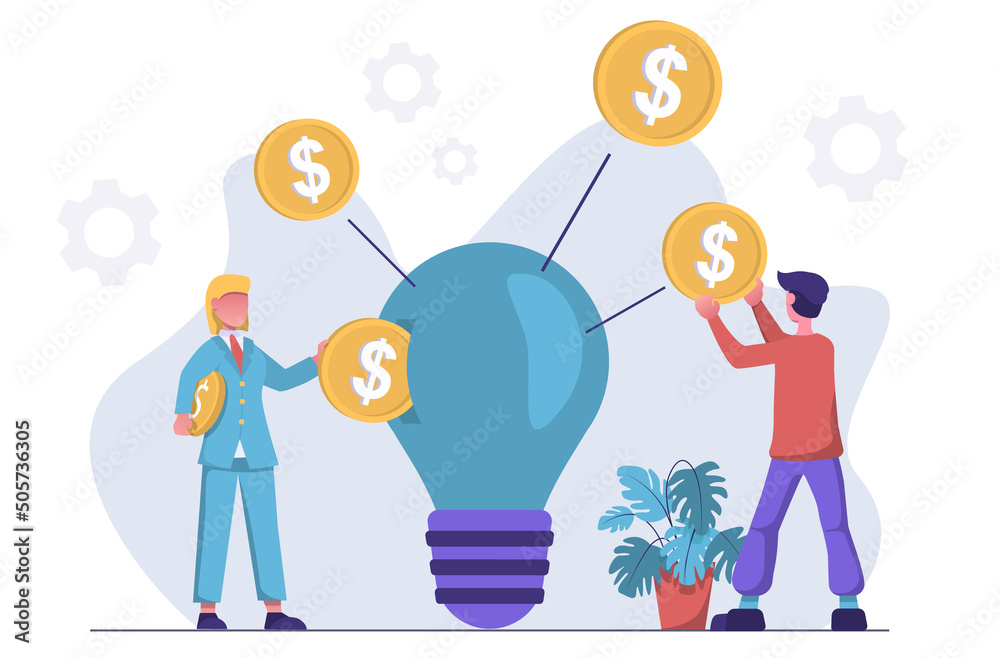 Startup investment. A businessman throws money at a light bulb.