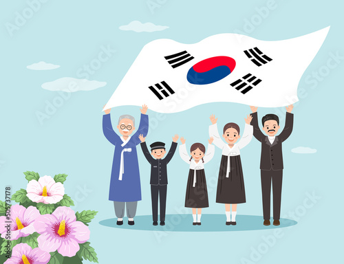 National Liberation day of Korea. People in traditional Hanbok attire celebrate by waving Taegeukgi.