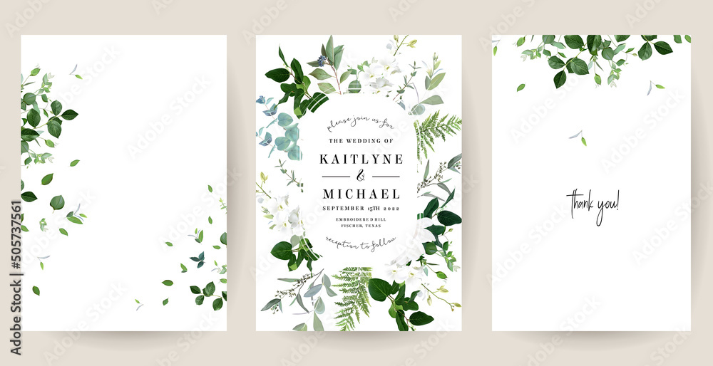 Classic white orchid flowers, eucalyptus, fern, salal, herbs, emerald greenery cards
