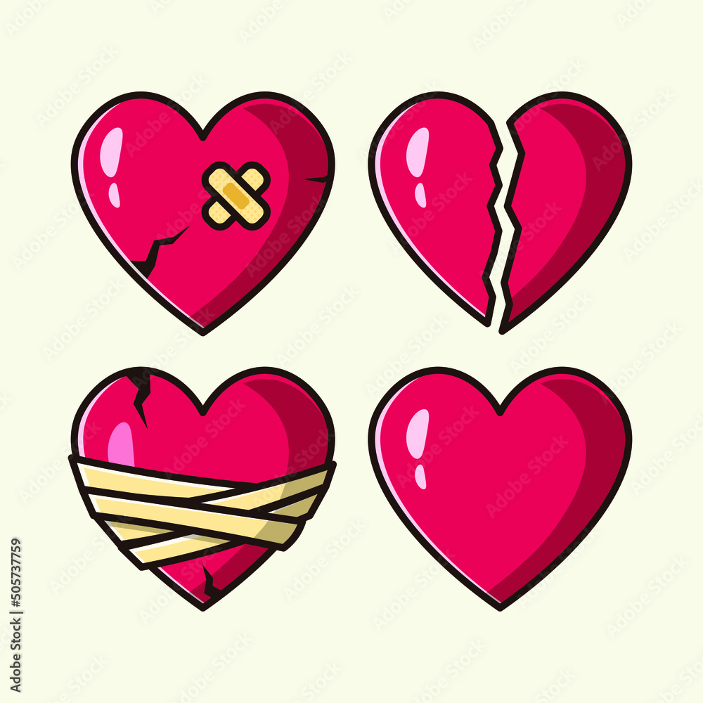 Red hearts cartoon vector set flat design illustration
