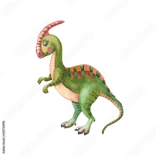 Watercolor green dinosaur. Cute parasaurolophuson a white background. Watercolor illustration
