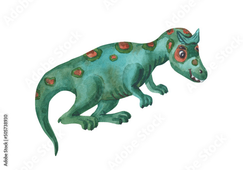 Watercolor green dinosaur. Cute gasosaurus on a white background. Watercolor illustration