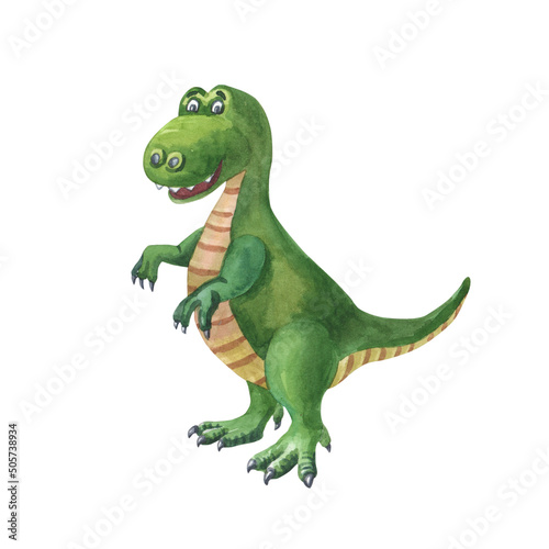 Watercolor green dinosaur. Cute tyrannosaurus on a white background. Watercolor illustration