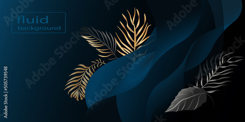 Fluid dark blue background with tropical golden leaves .vector