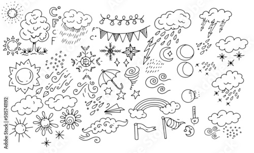 
weather clouds sun lightning rain coloring book for kids doodle sketch hand drawn big set separately on white background elements
