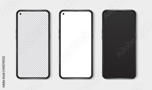 Realistic smartphone mockup set. Mobile phone blank, white, transparent screen design mock up. Isolated vector illustration
