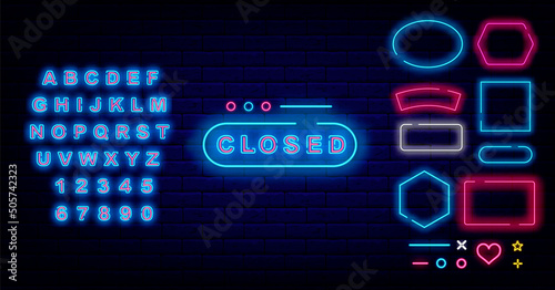 Closed neon sign. Goodbye emblem for shop, cafe and bar. Glowing blue alphabet. Vector stock illustration