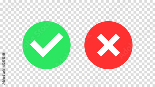 Check mark approval green icon, red cross mark isolated on transparent background. Check button, approve or deny, cancel. Yes or no vector icon