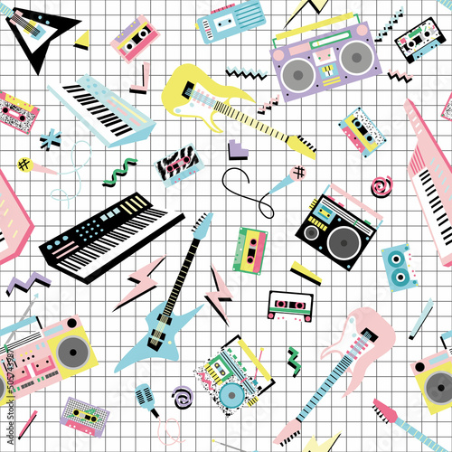 Seamless pattern with retro 80s-90s musical instruments and cassette players
