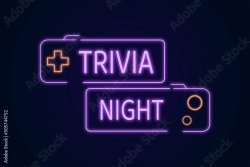 Trivia night notice neon board. Vector for banners, cards and social media ads.