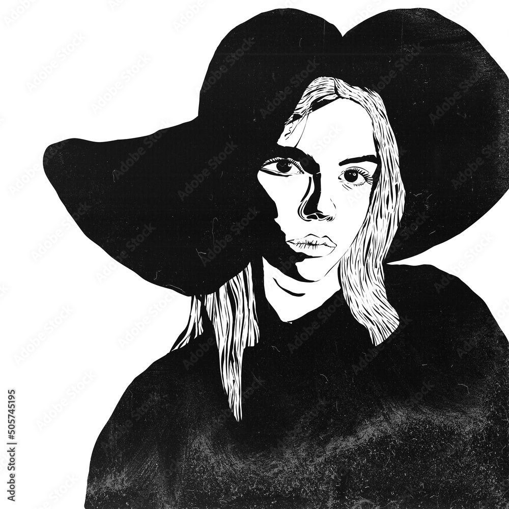 Biało czarna ilustracja portret młoda kobieta w kapeluszu. - obrazy, fototapety, plakaty 