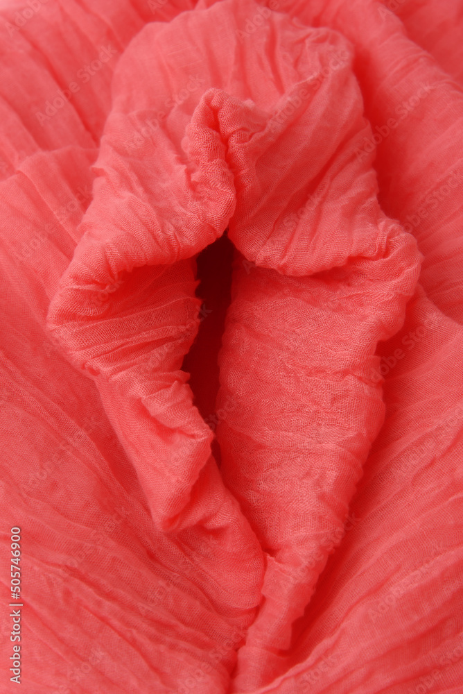 Soft folds of pink fabric in the shape of vagina. Textile abstract background. Sexy concept. Closeup. Selective focus.