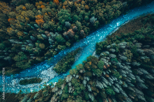 Drone aerial top view of montain river and forest