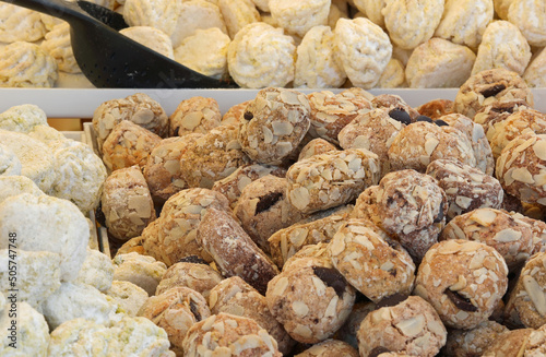 background of biscuits made with toasted almond flour for sale in the pastry stall