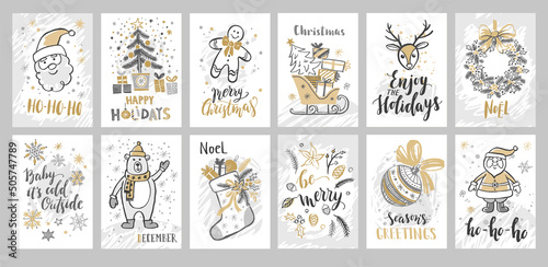 Hand drawn Christmas cards set. Seasonal wishes. Handwritten lettering. Deer, Sleigh, Santa Claus, Christmas tree, wreath, toys, gifts, bear, Gingerbread Man. Isolated on white background. 