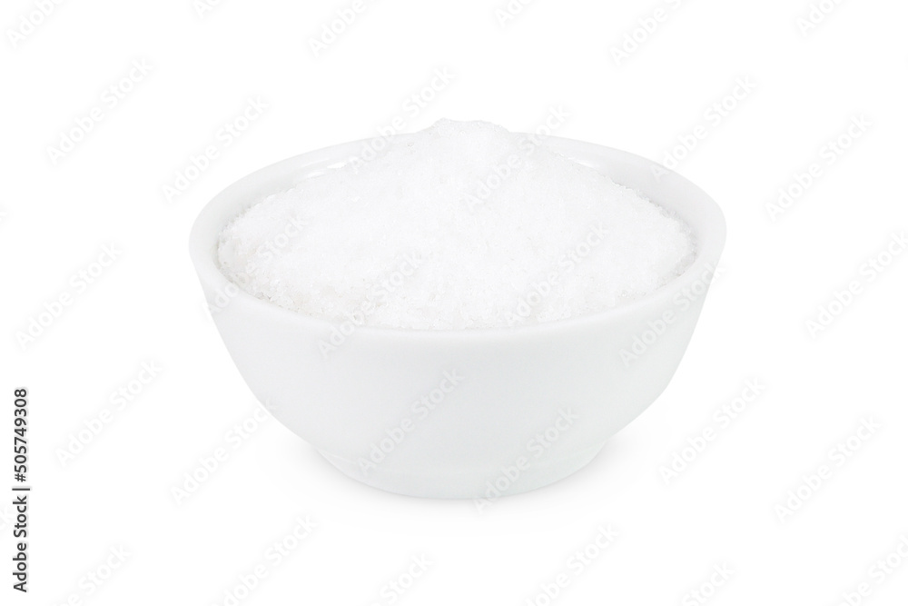 Sugar in a white bowl on an isolated white background Sugar in a white bowl on an isolated white background