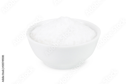 Sugar in a white bowl on an isolated white background