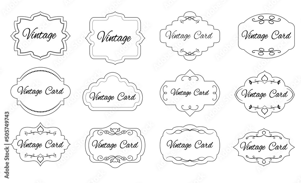 Label set, line style. Contour frame for text, sale info, certificate, blank. Empty sticker template for pack. Outline retro border design. Decorative vintages frames for labels and invitation cards