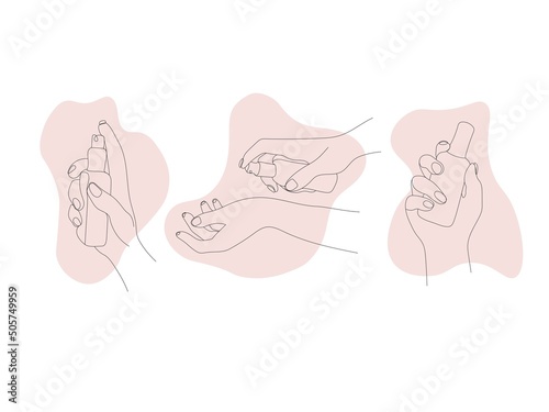 Set of beautiful female hands holding perfume spray or moisturizing hair serum isolated on white background. Vector hand drawn line art of hands. Face and hair care concept.