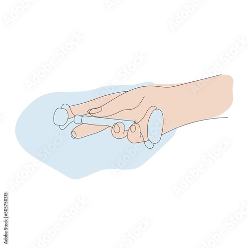 beautiful female hands holding gua sha massager isolated on white background. Vector hand drawn line art of hands and blue delicate spots illustration. Facial care concept.