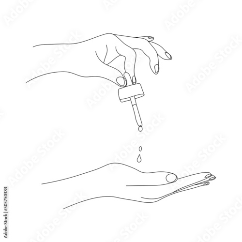Contour of female hands with moisturizing serum pipette isolated on white background. Caring for health and youth. Vector hand drawn line of hands and blue spots art illustration. Skin care concept